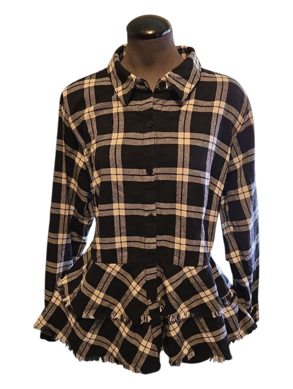 Vintage Buffalo Plaid Peplum Flannel Shirt W/ Fringe Hem.